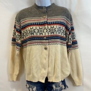 Vintage Woolrich Womens Button Down Cable Knit Sweater in White and Gray size M